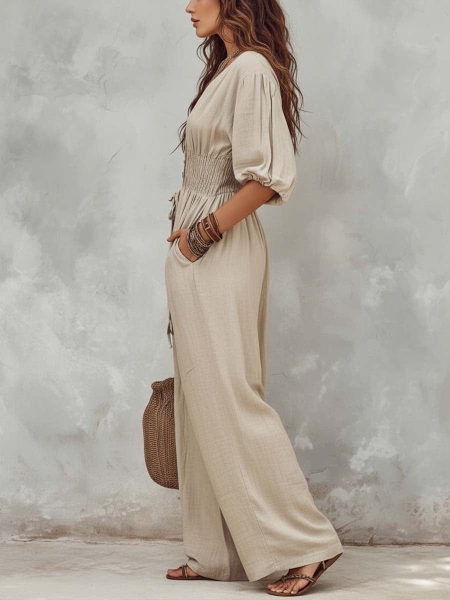Boho-Style Cotton-Linen Jumpsuit With Button Details And Smocked Waist