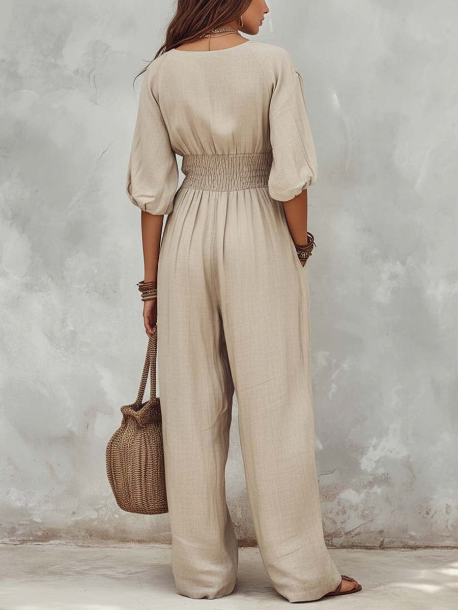Boho-Style Cotton-Linen Jumpsuit With Button Details And Smocked Waist