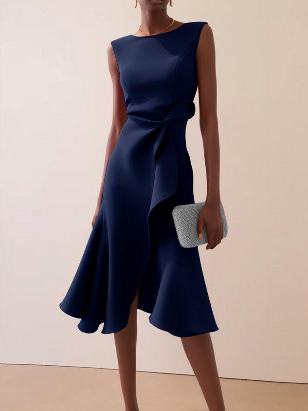 Red Sleeveless Midi Elegant A-line Dress with Waist Twist for Day-to-Night