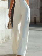White Halter Neck Zip-Front Wide-Leg Jumpsuit