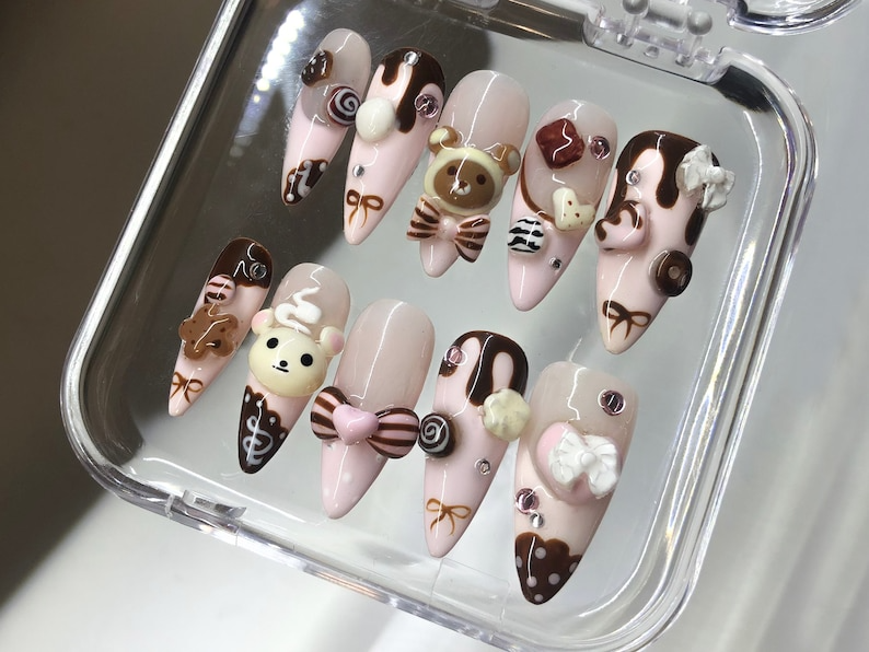 Cute Dessert Press On Nails | 3D Sweets And Bear Designs with Bow Fake Nails | 3D Chocolate. Candy Acrylic Nails | Kawaii Nails | OB549Y