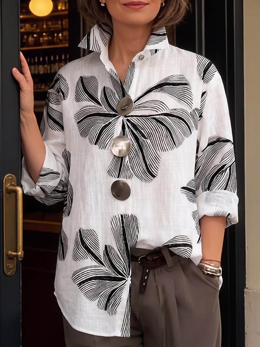 Women's Abstract Print Lapel Long-sleeve Casual Loose Cotton Shirt