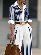 Elegant Artistic Striped Print Shirt+Pants