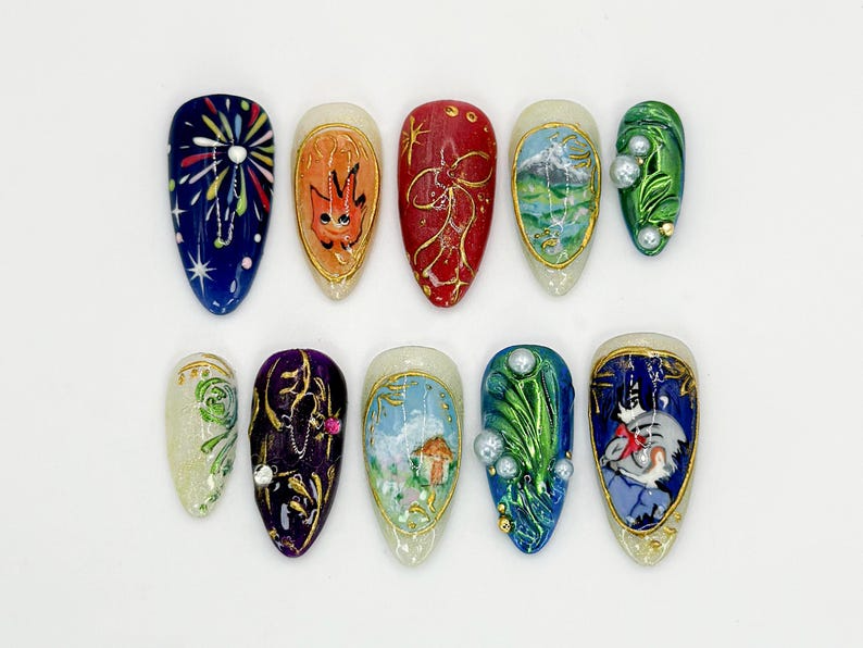 Howl's Moving Castle Press-On Nails | Studio Ghibli Inspired Nail Art | Unique Handmade Anime Nails | Custom Ghibli Nail Design | OB593HC