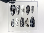 Elegant Gothic Press On Nails | 3D Designs with Cross. Star. Spiral Acrylic Nails | Monochrome Nail Art | Y2k Nails | Custom Nails | OC552YL