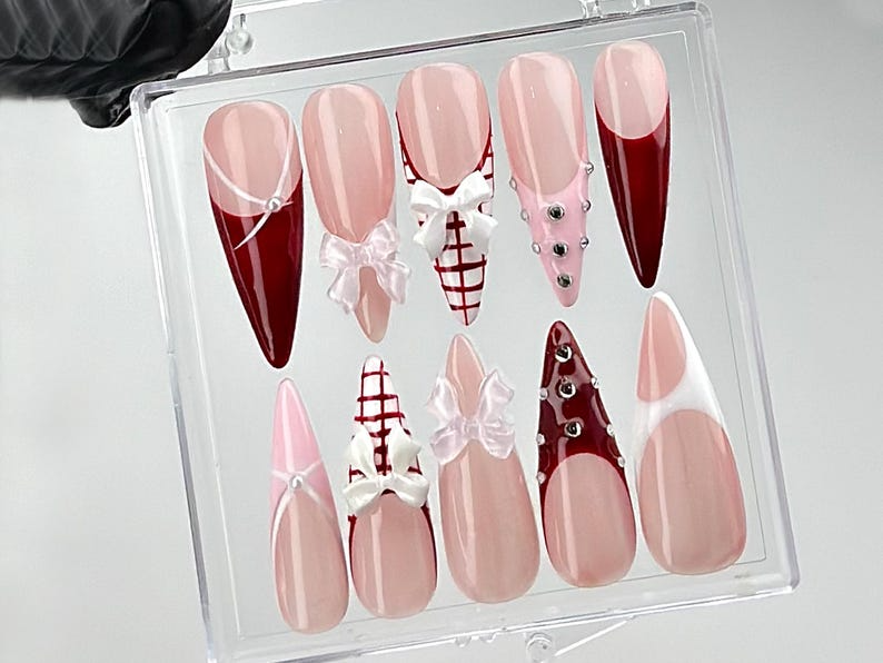 Elegant Pink Press On Nails | Nail Set With Gentle Designs | Cute Bow Nail Art | Adorable 3D Raised Art | OC258YK