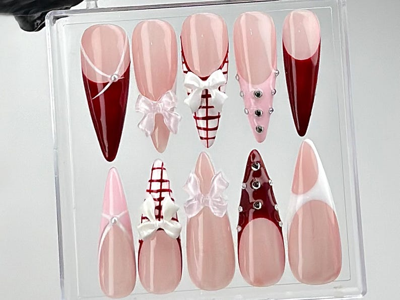 Elegant Pink Press On Nails | Nail Set With Gentle Designs | Cute Bow Nail Art | Adorable 3D Raised Art | OC258YK