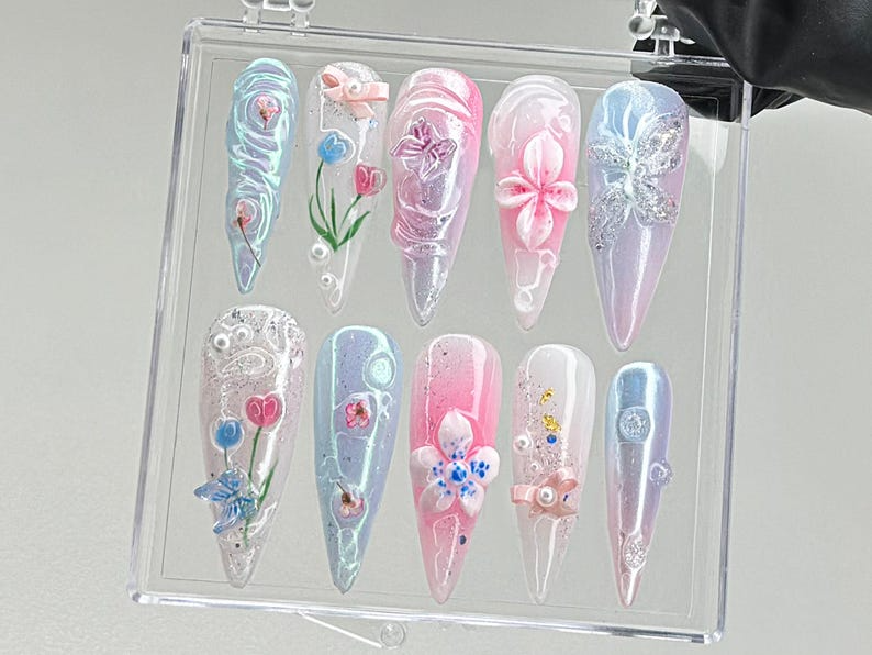 Enchanted Garden Press-On Nails | Floral and Butterfly 3D Nail Art | Handcrafted Fake Nails | Nail Charms | Press Ons | Gift for her|OC462TC