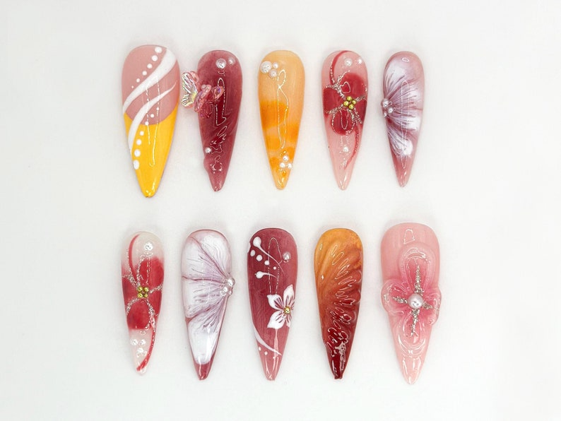 Luxury Ombre Floral Press On Nails | Burnt Orange & Burgundy Design | Handmade Fall-Inspired Nail Art | Elegant Gold. Floral Accent |OB668HK