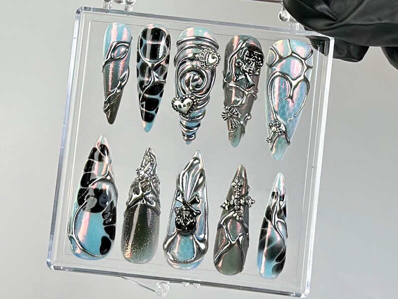 Gothic Black Chrome Press On Nails | Cyberpunk 3D Press Ons | Holographic 3D Fake Nails | Gothic. Y2K. Dark Nail Art | Gothic Nails |OC773YC