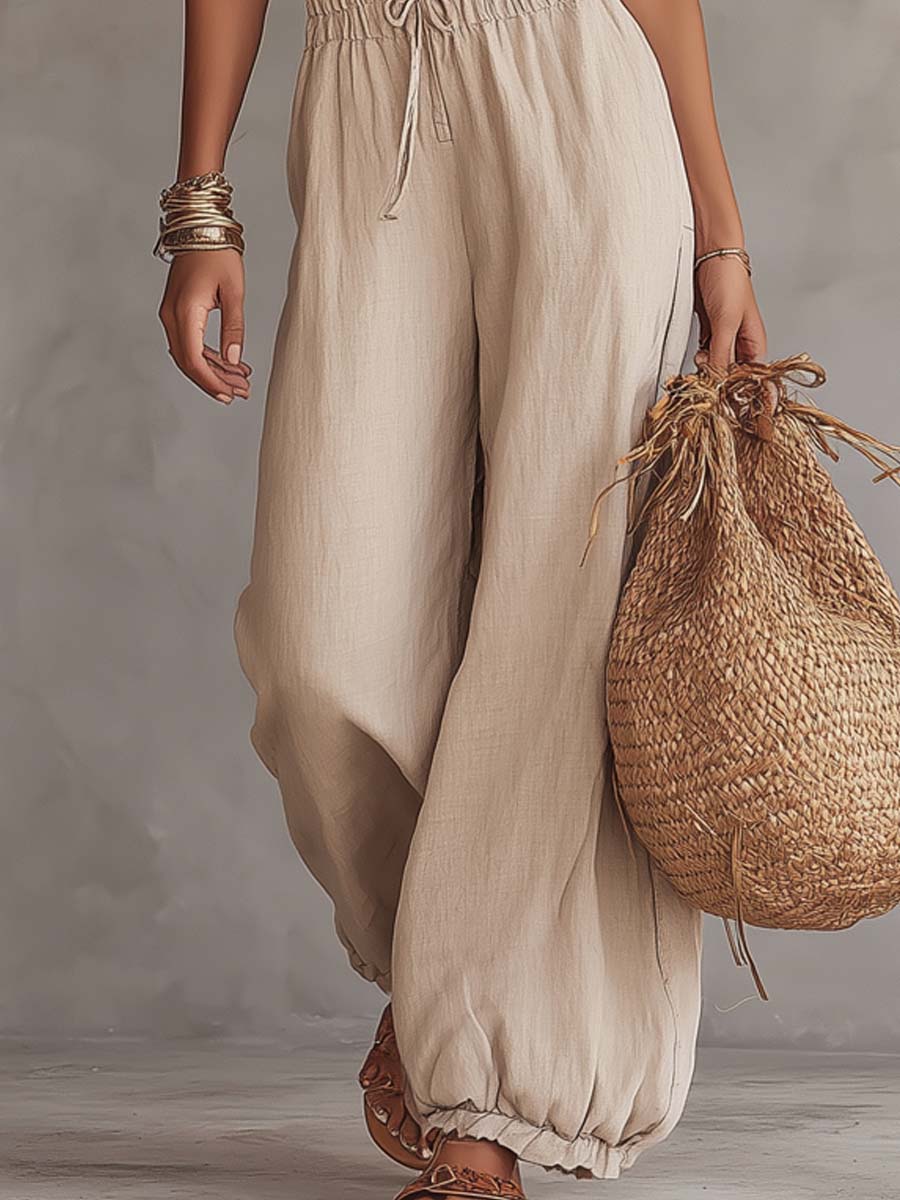 Bohemian-Style Lace Halter Cotton-Linen Jumpsuit