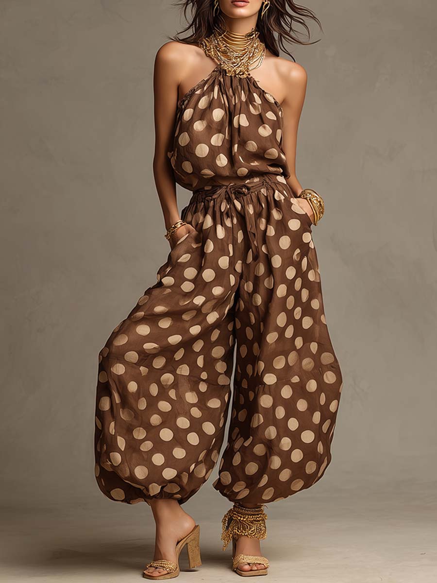 Bohemian Halter Shirred-Waist Polka-Dot Jumpsuit