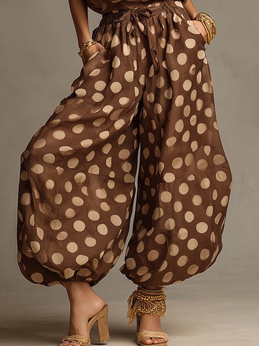 Bohemian Halter Shirred-Waist Polka-Dot Jumpsuit