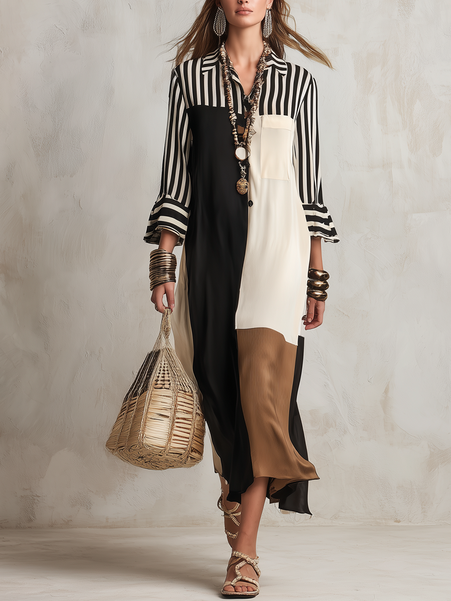 Black And White Striped Color-blocked Shirt Dress