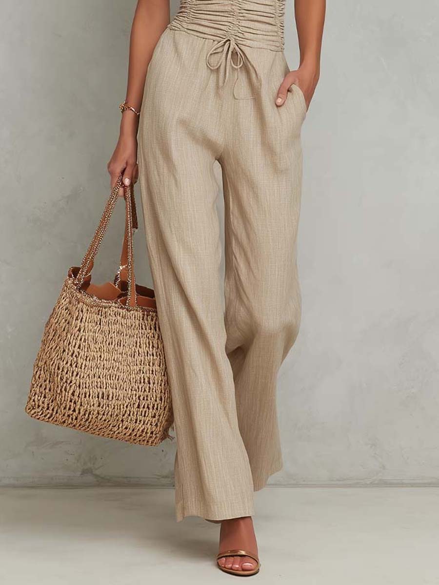 Bohemian Halter Ruched Waist Linen-Cotton Wide-Leg Jumpsuit