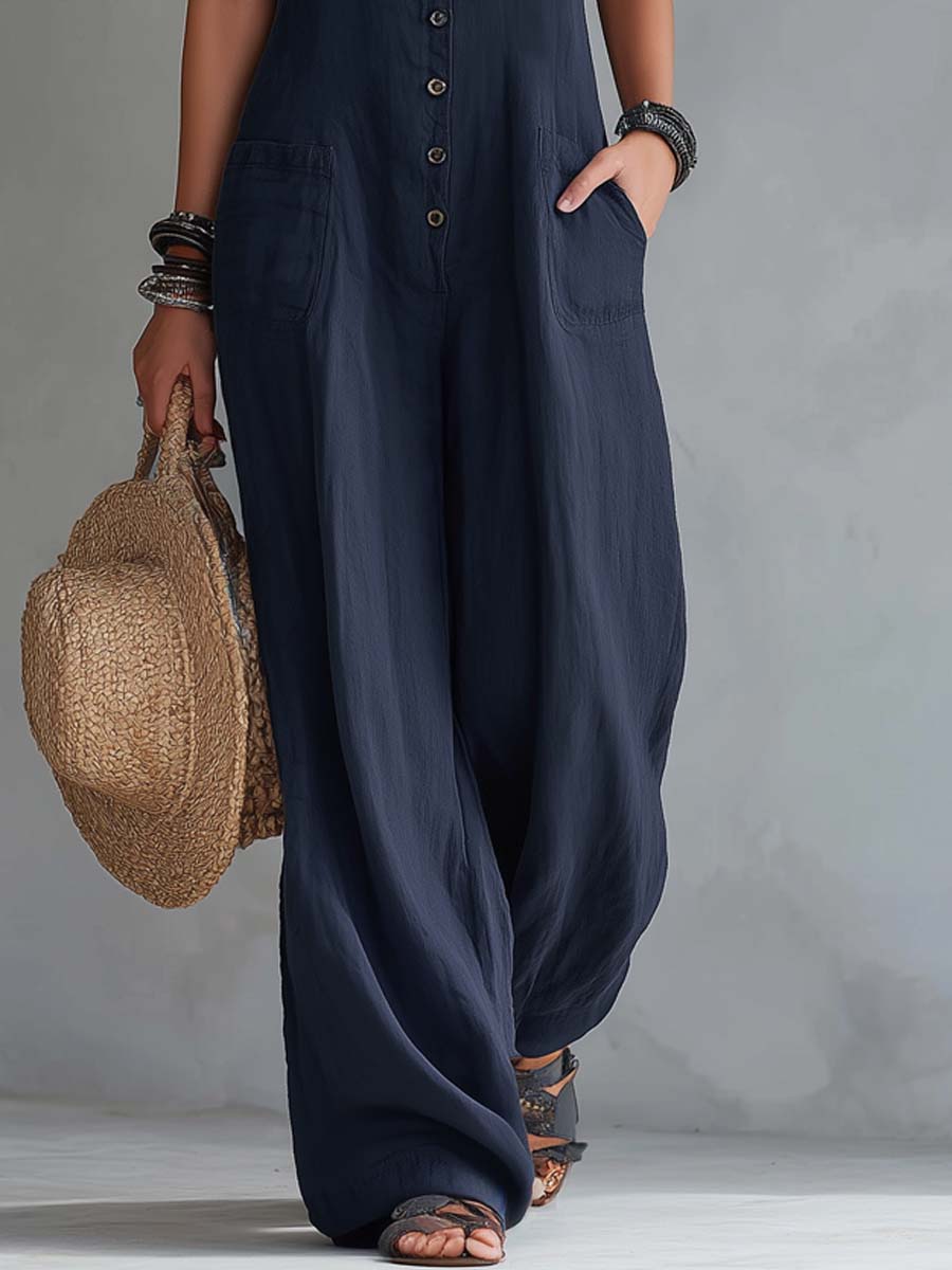 Stand-Collar Button Placket Cotton-Linen Jumpsuit