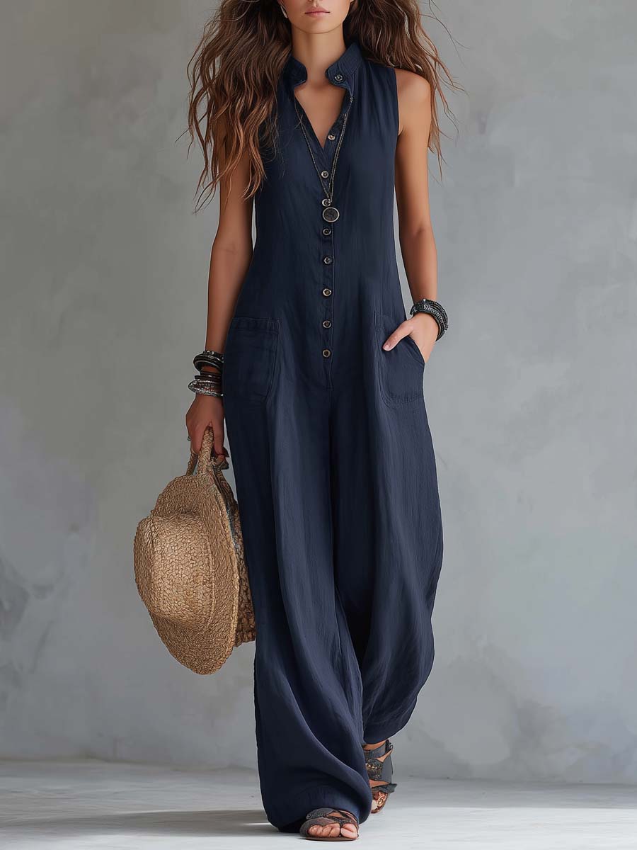 Stand-Collar Button Placket Cotton-Linen Jumpsuit