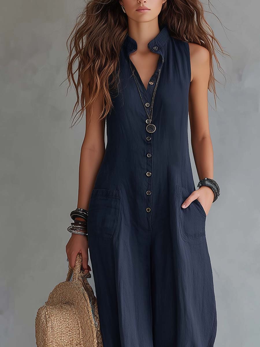 Stand-Collar Button Placket Cotton-Linen Jumpsuit