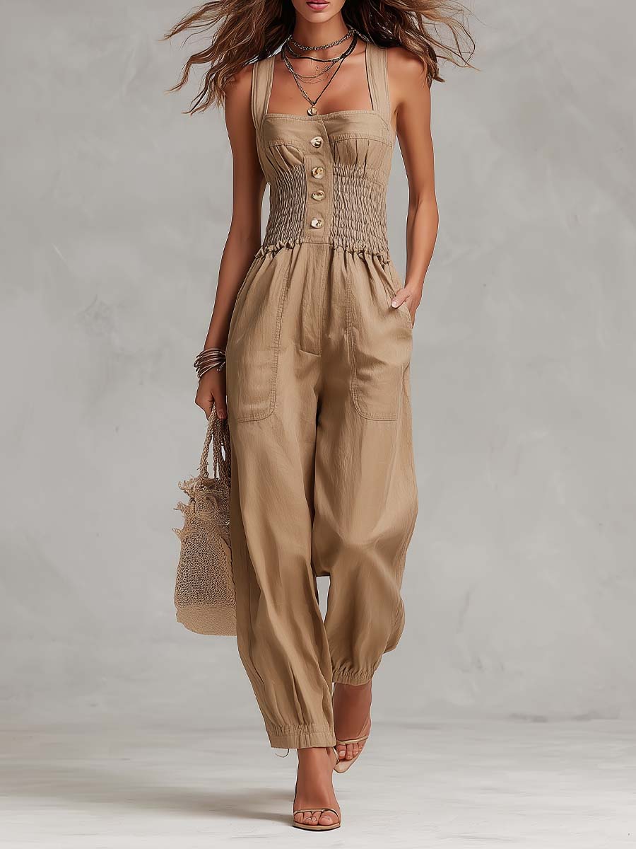 Bohemian Shirred Button Front Linen-Cotton Jumpsuit