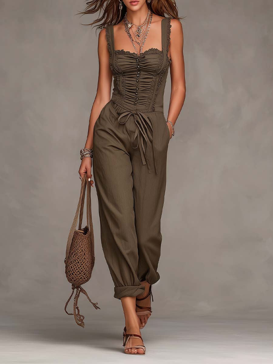 Bohemian Corset Ruched Linen-Cotton Jumpsuit