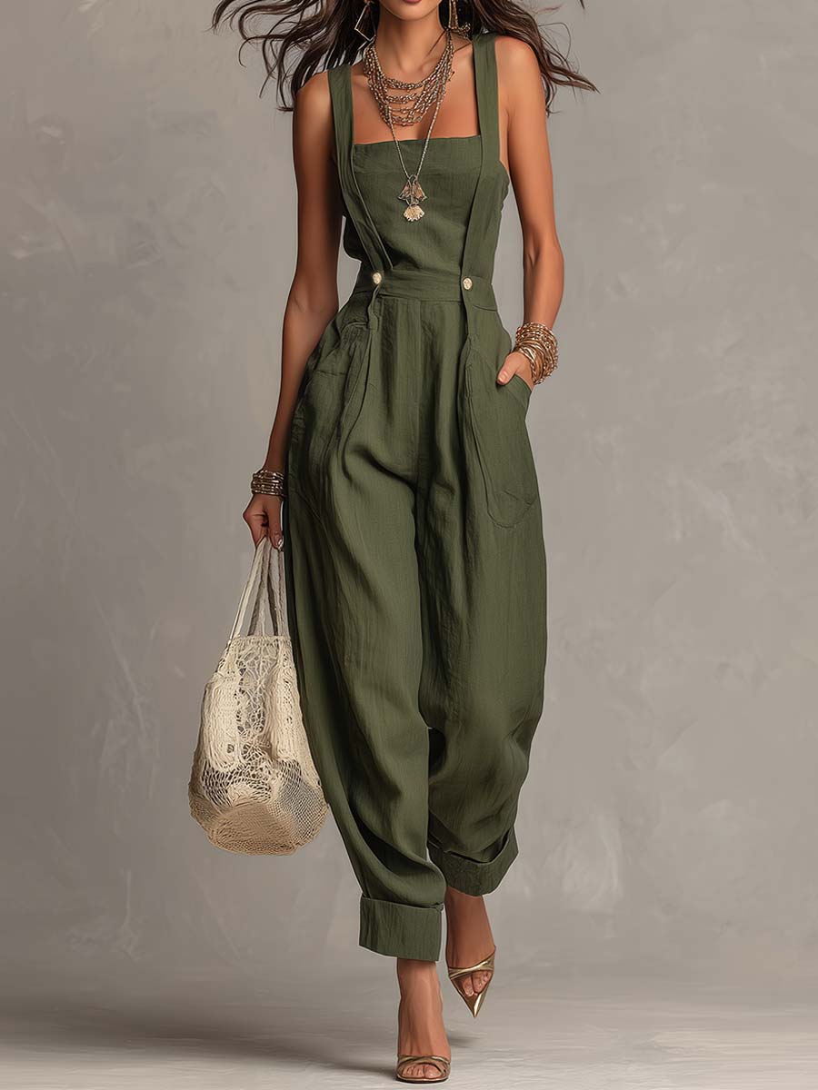 Bohemian Linen-Cotton Wide-Leg Overalls Jumpsuit