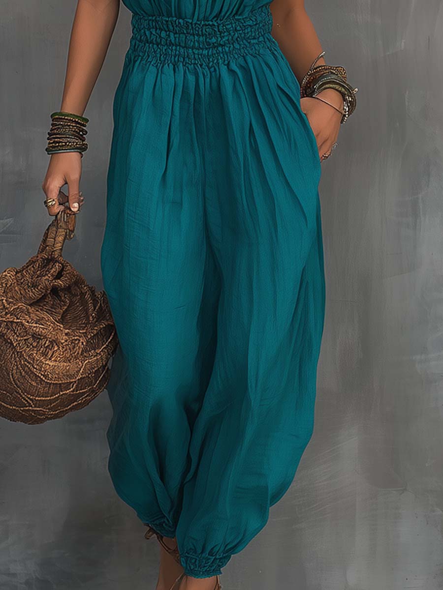 Lace Halter-Neck Smocked Cotton-Linen Jumpsuit
