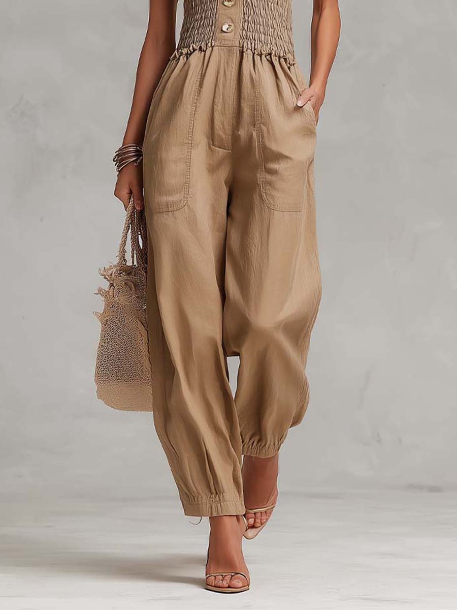 Bohemian Shirred Button Front Linen-Cotton Jumpsuit