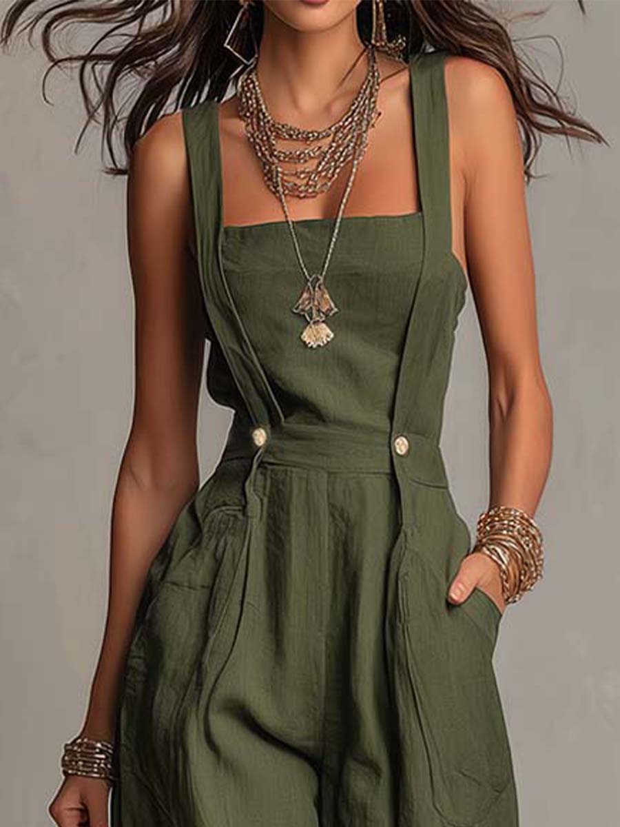 Bohemian Linen-Cotton Wide-Leg Overalls Jumpsuit