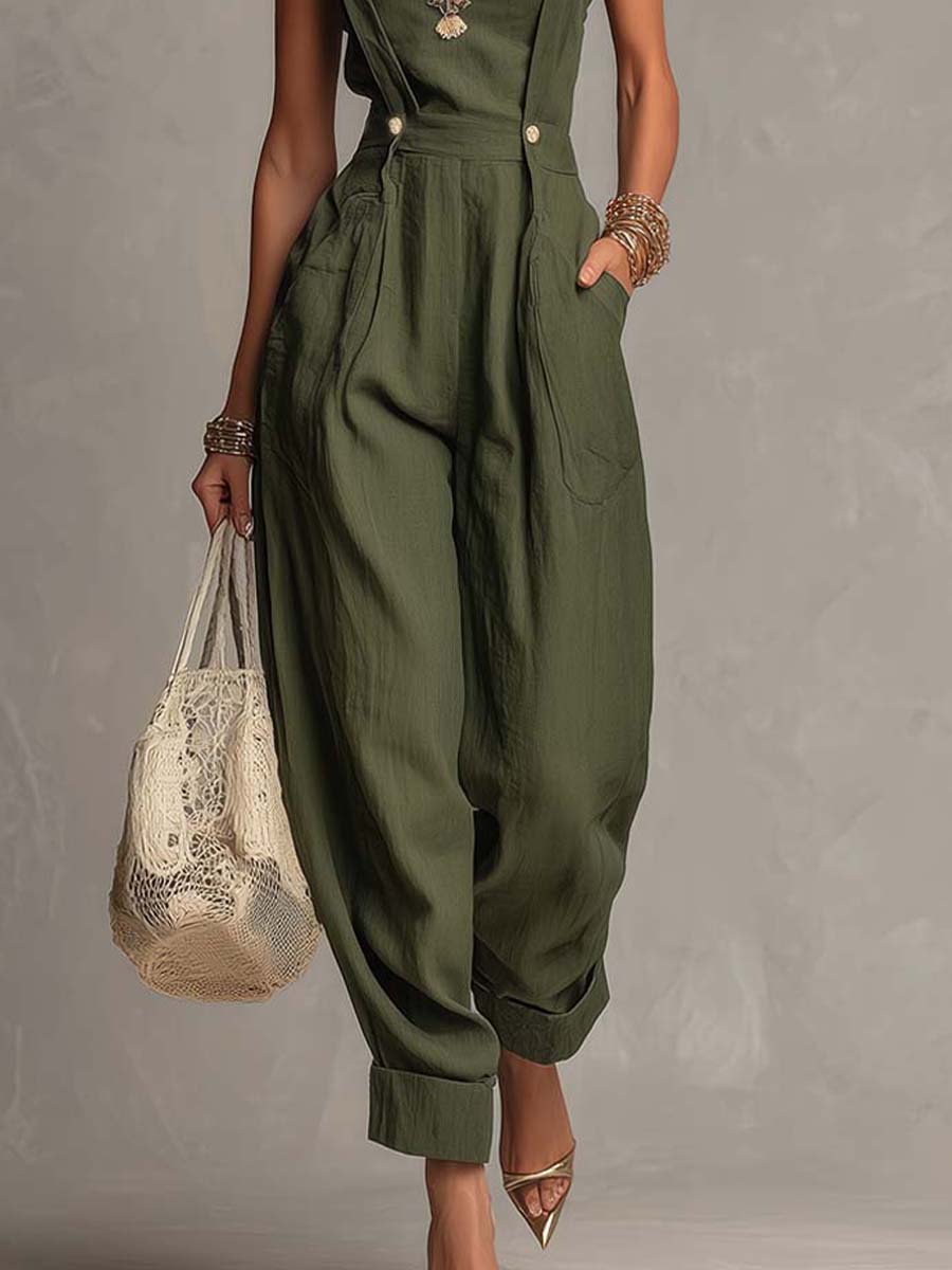 Bohemian Linen-Cotton Wide-Leg Overalls Jumpsuit