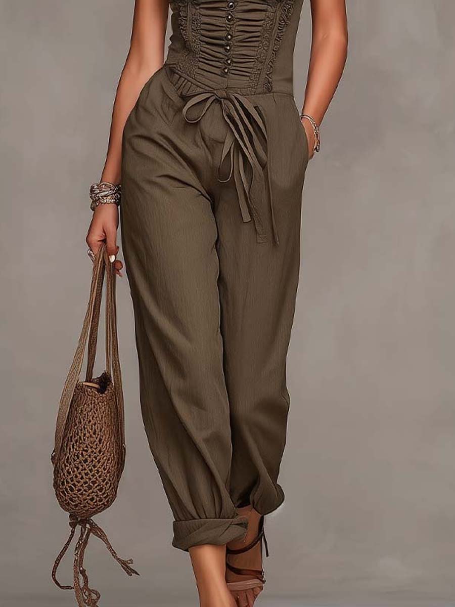 Bohemian Corset Ruched Linen-Cotton Jumpsuit