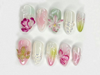 Orchid Dreams 3D Press On Nails | Delicate Hand-Painted Flowers | Handmade Nail Art with Soft Blossoms | Soft Pastel Tones | OC519H