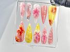 Tropical Floral Press On Nails | Handcrafted Hibiscus Fake nails| Artisan Spring Flower Nail Art | Luxe Pink Acrylic Nails | OB639YK