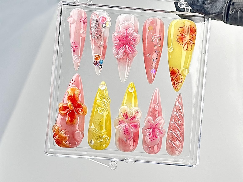 Tropical Floral Press On Nails | Handcrafted Hibiscus Fake nails| Artisan Spring Flower Nail Art | Luxe Pink Acrylic Nails | OB639YK