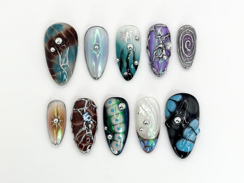 Galaxy-Inspired 3D Press-On Nails | Custom Holographic Nail Art | Stars. Planets & Galaxies Design | Celestial Nail Set | OB656H