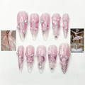 Pink Ballerina Press On Nails for Girls – Soft Blush Ombre Stiletto Nails with Pearls & Ribbons. Handmade Coquette Balletcore Inspired Press On Nail Set. Luxury Princess Nails | OB291HC