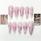 Pink Ballerina Press On Nails for Girls – Soft Blush Ombre Stiletto Nails with Pearls & Ribbons. Handmade Coquette Balletcore Inspired Press On Nail Set. Luxury Princess Nails | OB291HC