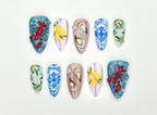 Artistic Seafood Theme Press On Nails | Oyster. Lobster & Lemon Nail Art | Blue Tile Coastal Press Ons | Handpainted Summer Sea Nail |OB964H