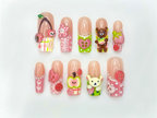 Kawaii Bear Candy Press On Nails | 3D Cute Apple Cherry Nail Art | Pastel Pink Green Y2K Vibes | Cartoon Dessert-Inspired Nails | OB986EC