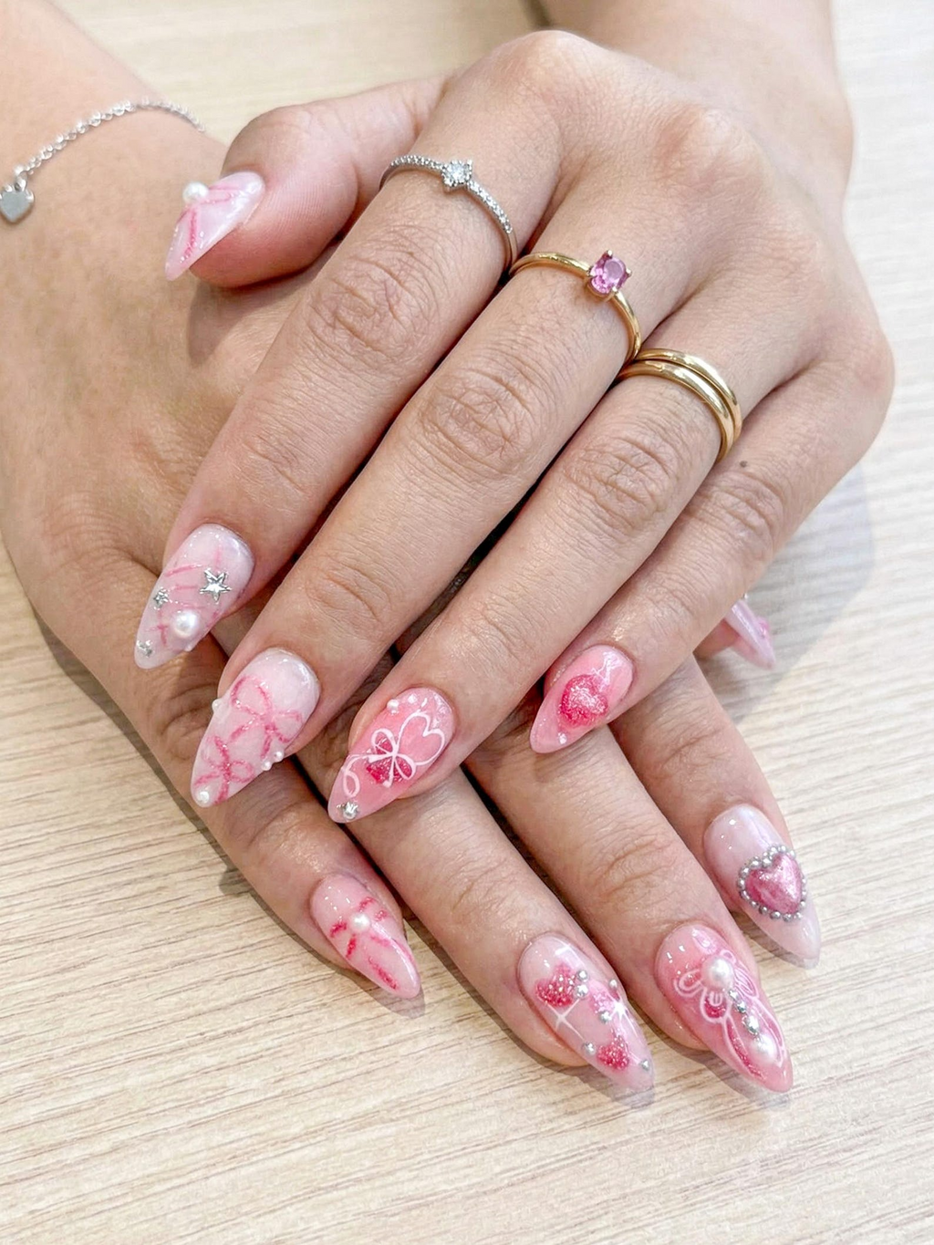 Press On Nails with Pink Ribbon & Heart Charm Design. Handmade Long Glossy Fake Nails for Romantic Coquette Look or Aesthetic Statement Nails | OB279