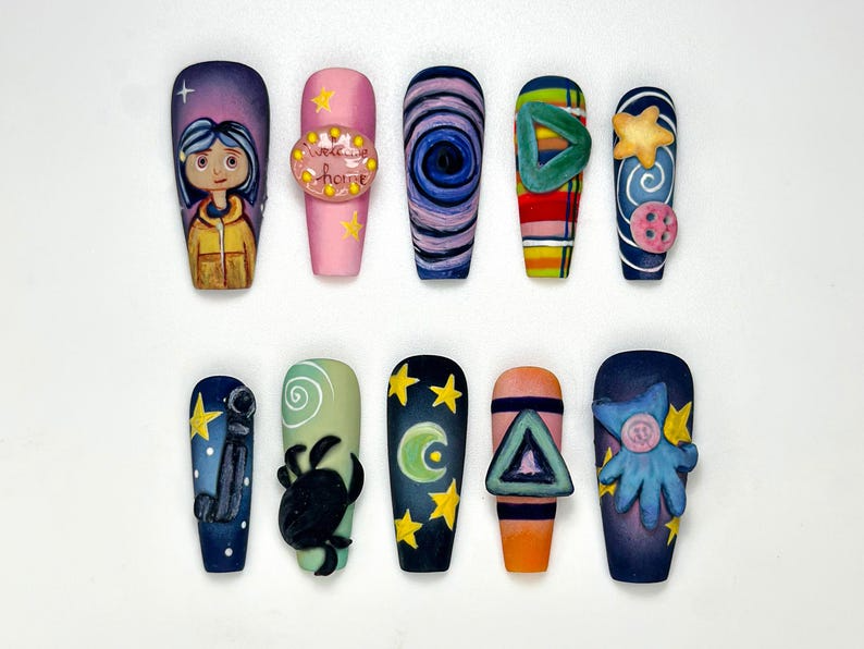 Creepy Cute Cartoon Press On Nails | Handmade 3D Starry Night Nails | Halloween Nail Art | Unique Spooky Nail Set | OA136HC