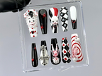 Gothic Clown Press On Nails by DoryNail | Horror Harlequin Fake nails | Creepy Cute Nail Art | Black Red White 3D Dolls Nails | OB806YK