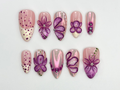 Glossy Purple Flower Press On Nails | 3D Floral Chrome Nails | Handmade Long Nails | Sparkling Violet Flower Tips| Elegant Nail Set |OC770HC