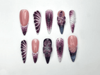 Elegant Purple Bloom Press On Nails | 3D Floral Ombre Nail Art | Nude Pink Handmade Nails | Luxury Artistic Long Set | OB1152BK