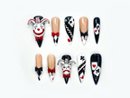 Harlequin Joker Halloween Press On Nails | Black White Red Gothic Nail Art | 3D Clown Accent Stiletto Nails | Playing Card Inspired |OB194EC