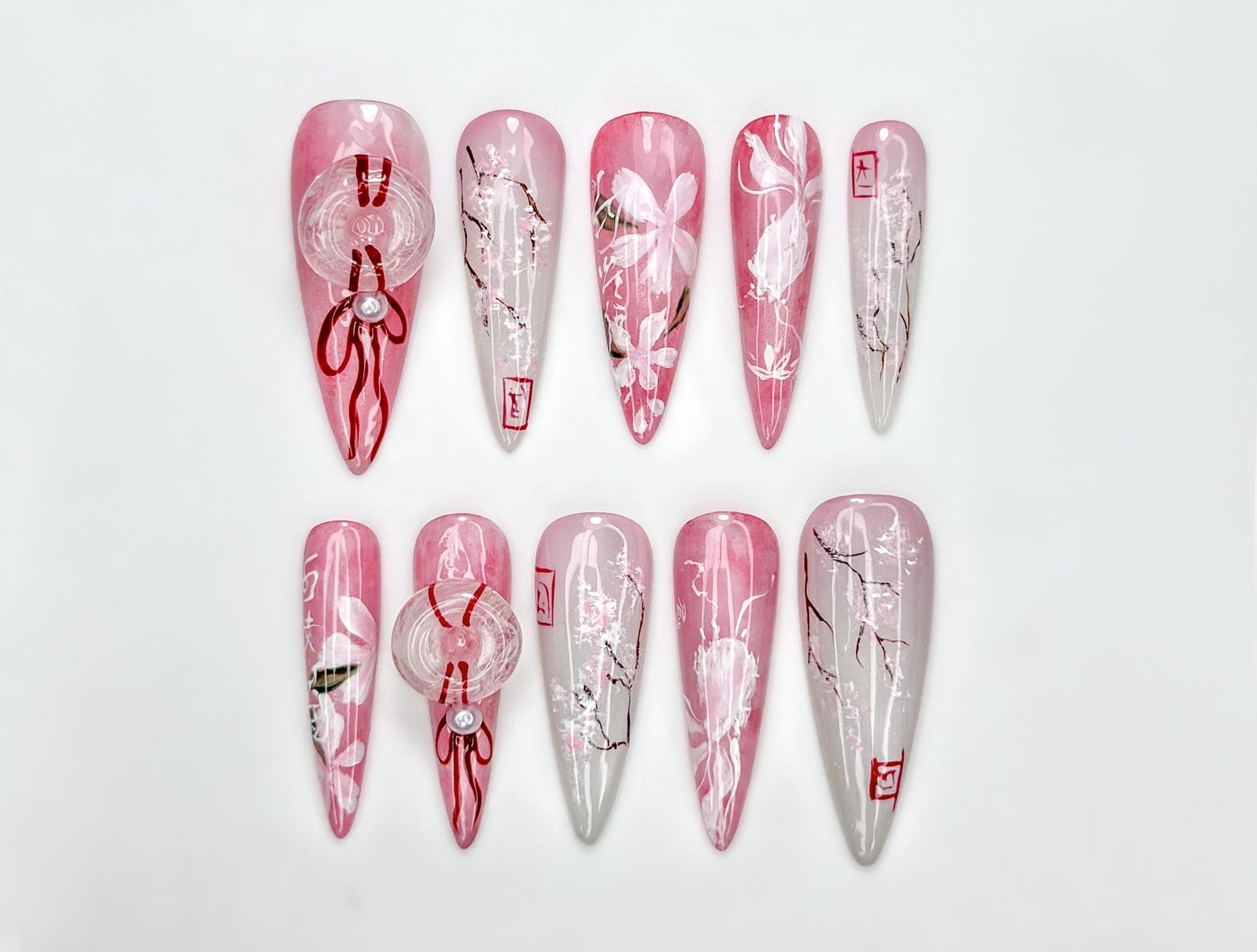 Pink Blossom Press On Nails | Pink Jelly Floral Nails | Asian Flower Nails | Romantic Spring Nails | Handmade Stiletto Press Ons | OB312HC