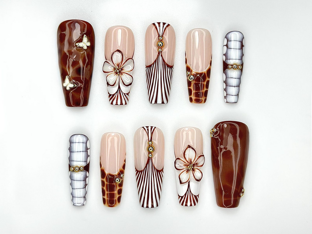 Caramel Elegance Press On Nails | Brown Marble 3D Flower Nails | Butterfly Accent & Luxe Stripe Design | Fall Long Gel Nails | OB1003EC