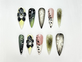Elegant Green Bloom Press On Nails | 3D Black White Floral Nails | Handpainted Nature Nail Art | Green Ombre & Dot Accent Nails | OC101HK