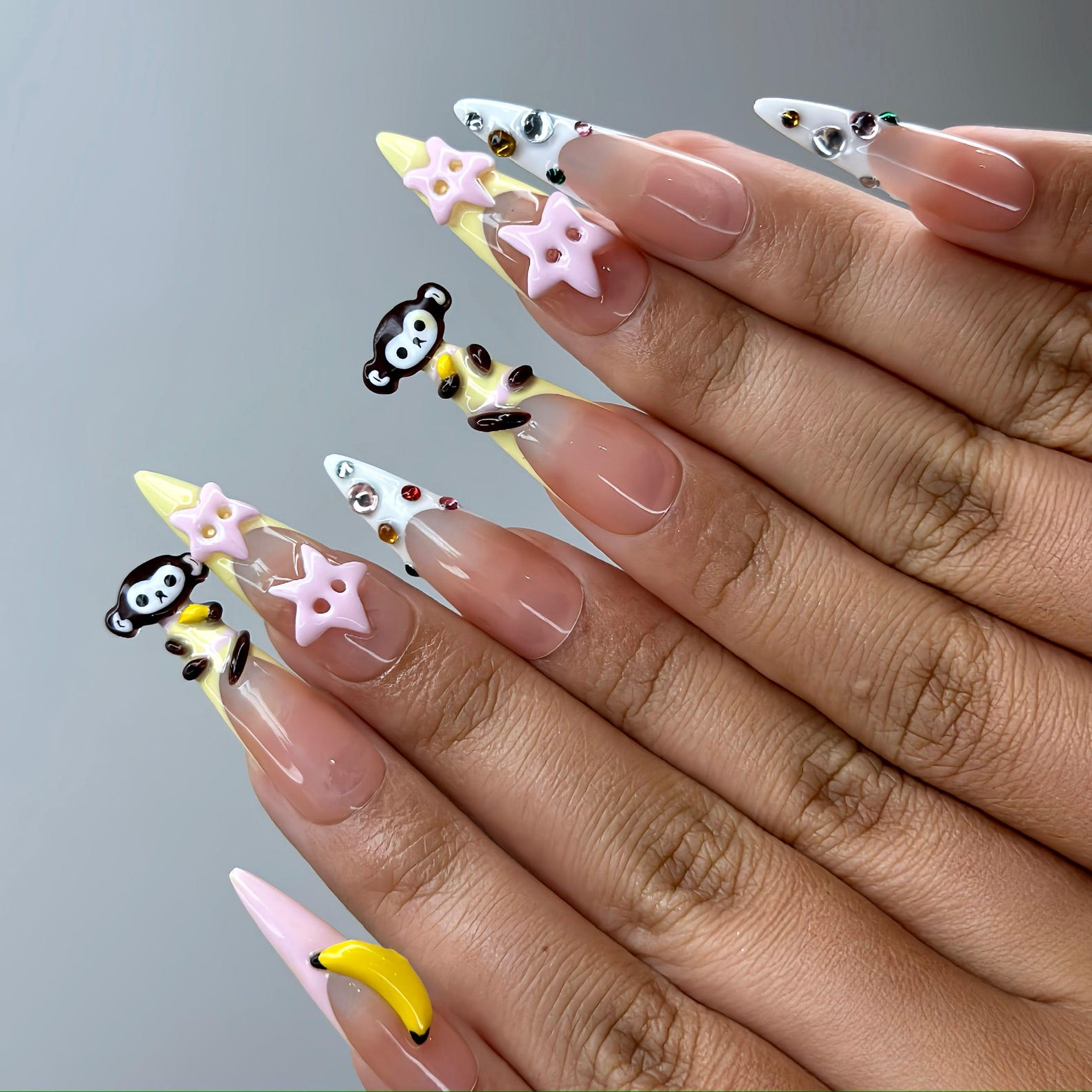 3D Monkey Banana Press On Nails | Cute Pink Star & Fruit Fake Nails | Kawaii Handmade Nail Art | Playful Cute Nails | Cartoon Nails |OB255YC
