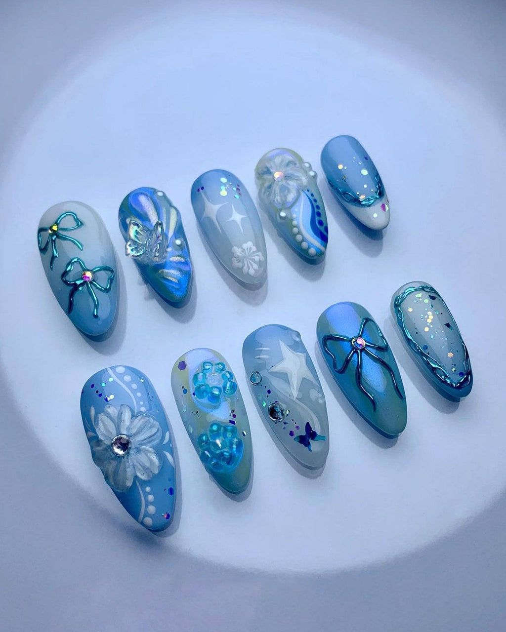 Handmade Blue Holographic Floral and Bow Accents Reusable Press on Nails W09
