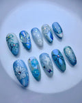 Handmade Blue Holographic Floral and Bow Accents Reusable Press on Nails W09